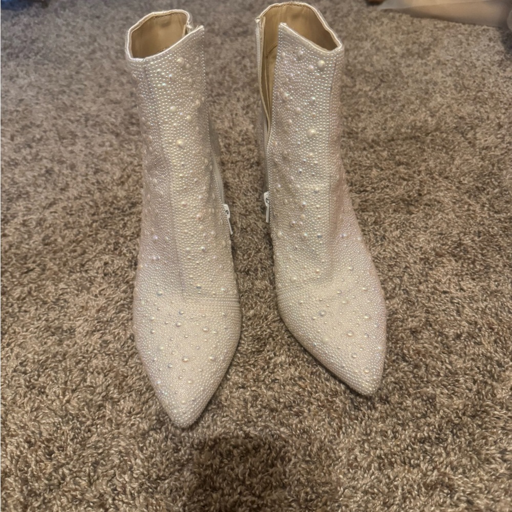 Pearl-embellished booties. Worn once. Perfect for bridal occasions or night out